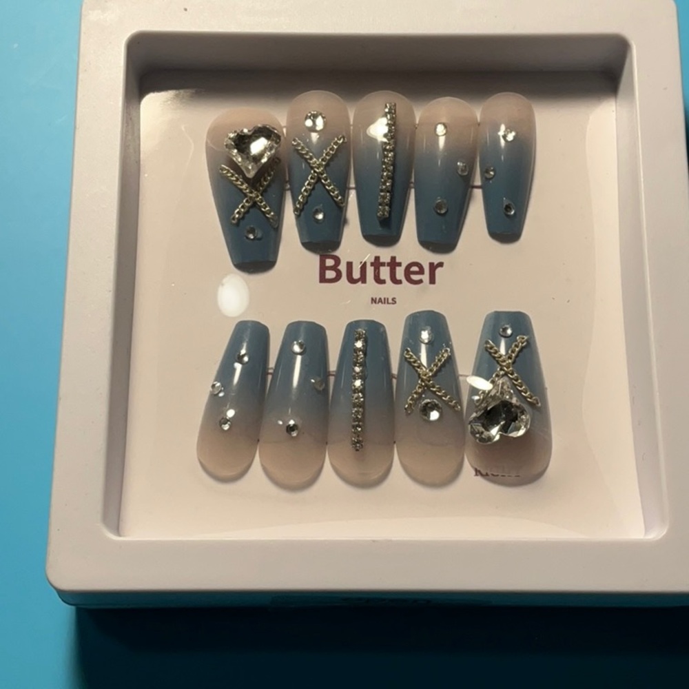 Butter Blue and Nude Rhinestone Press-On Nails